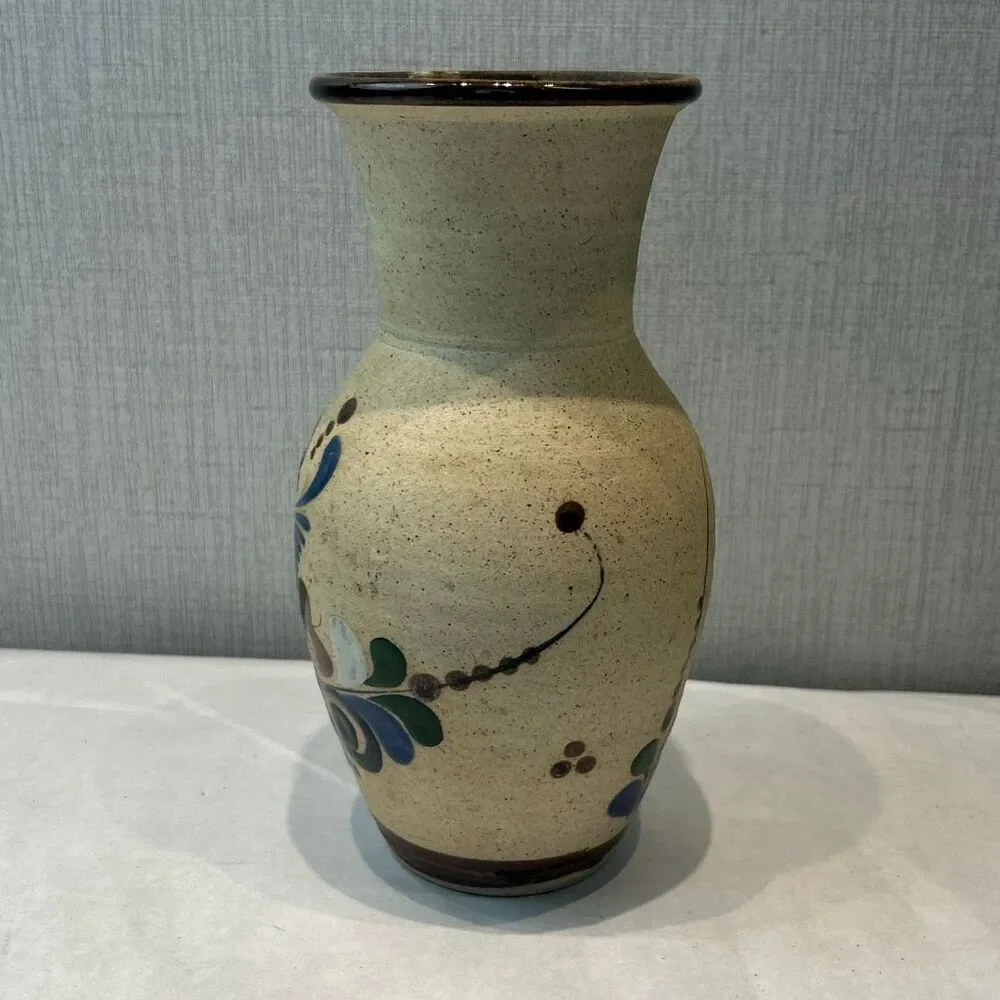Tonala Pottery Vase Mexico Bird Flowers Folk Art Handmade Sandstone Beige Brown
